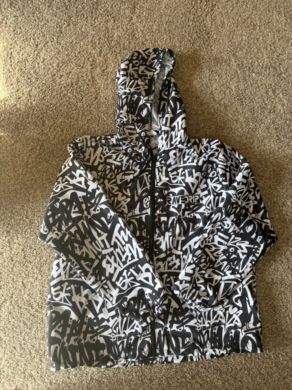 Men's Black & White Graffiti Print Windbreaker Jacket with Hood